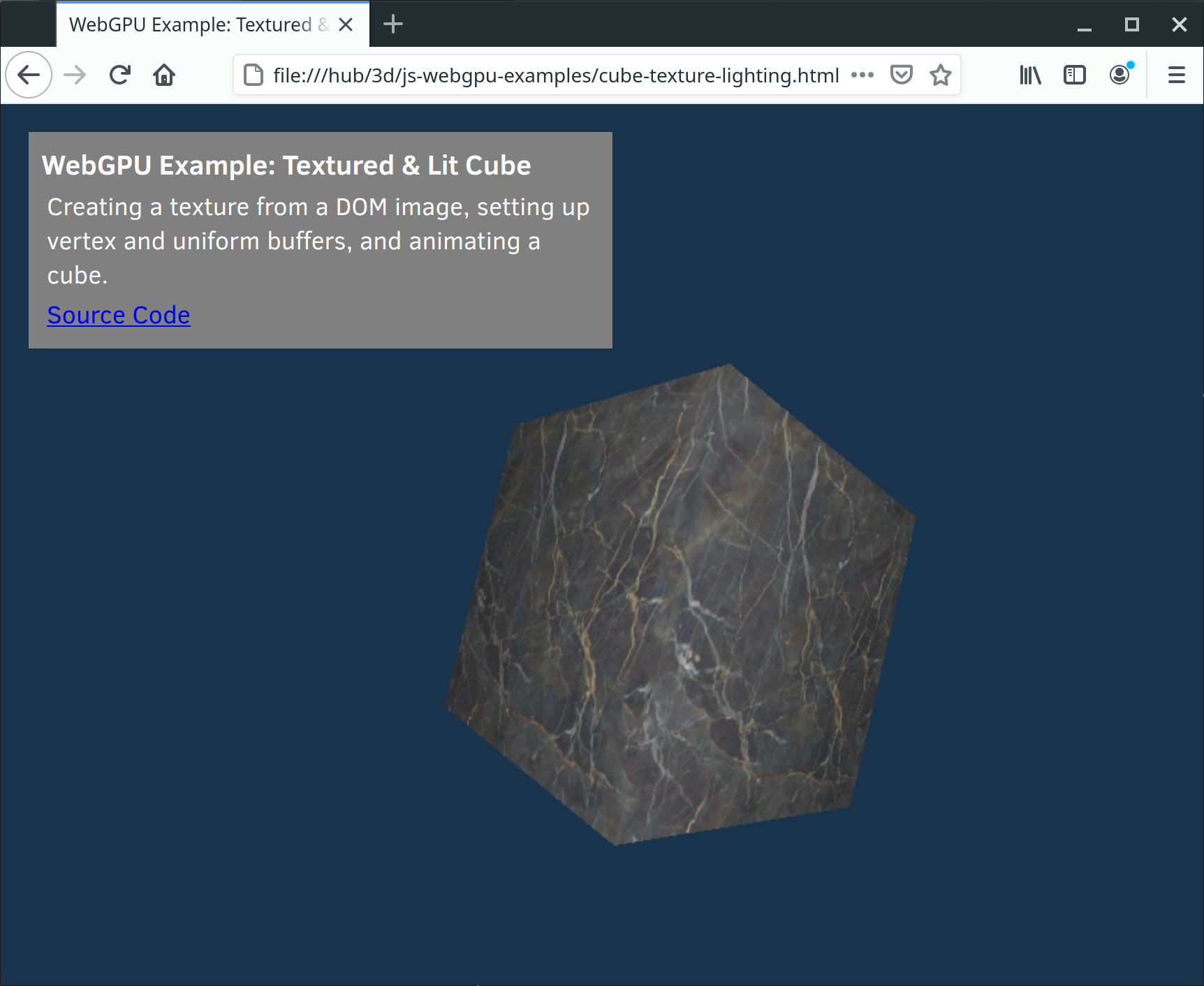 WebGPU textured+lit cube in Firefox Nightly with WGSL shaders.